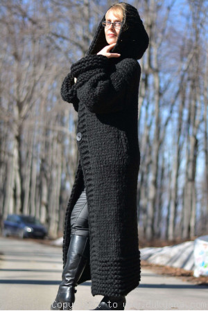Handknit long chunky wool blend hooded cardigan in black