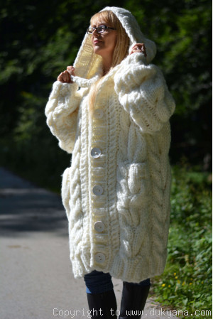 Knee-long chunky cabled wool blend unisex cardigan made to custom colour and size