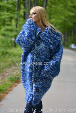 Knitted unisex chunky wool mohair cardigan in blue mix