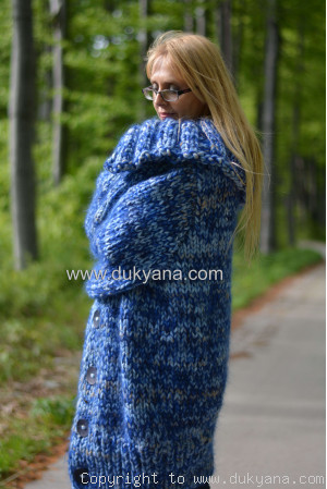 Knitted unisex chunky wool mohair cardigan in blue mix
