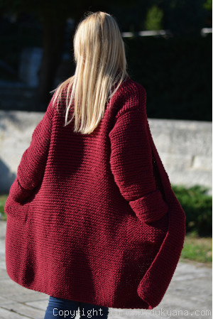 Shawl collared wool cardigan in burgundy red