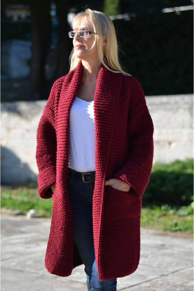 Knitted coat women burgundy Ready to ship red wine cardigan wool button long chunky jacket handmade