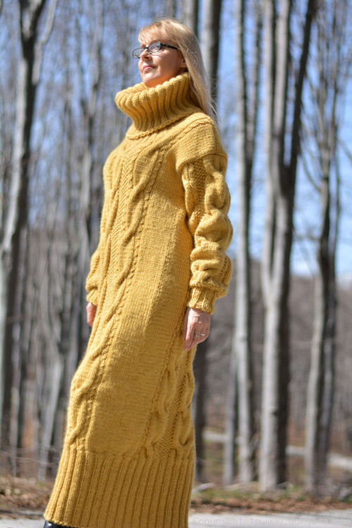 Pure merino wool T-neck sweater cable dress in mustard yellow