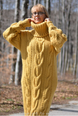 Pure merino wool T-neck sweater cable dress in mustard yellow