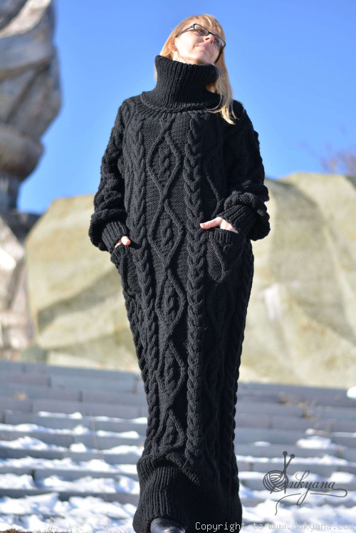 Hand knitted soft merino blend T-neck sweater dress