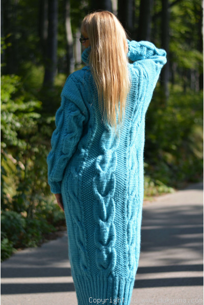 Pure merino wool cable dress in turquoise blue
