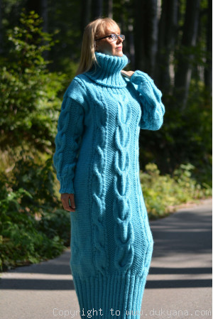 Pure merino wool cable dress in turquoise blue