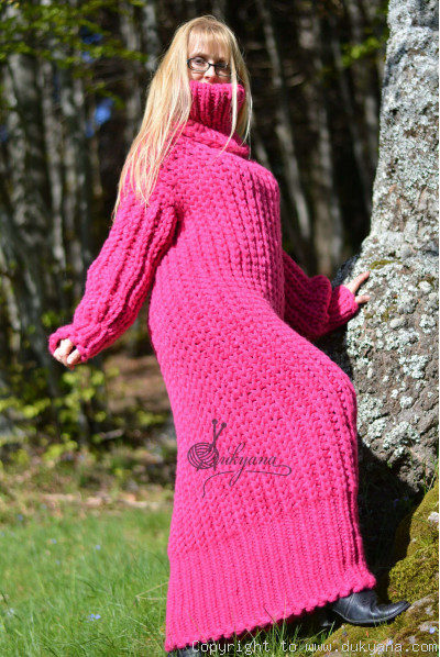 Hand knitted chunky merino blend long T-neck sweater dress in fuchsia