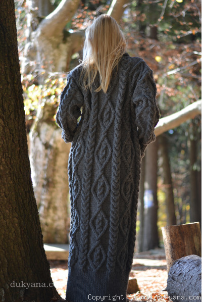 Handknit soft merino wool dress in dark gray
