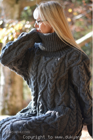 Handknit soft merino wool dress in dark gray