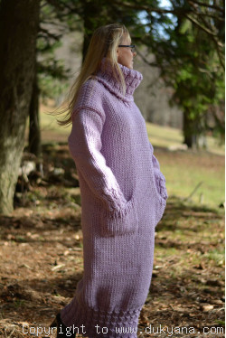 Chunky merino blend long T-neck sweater dress in violet