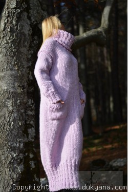 Chunky merino blend long T-neck sweater dress in violet