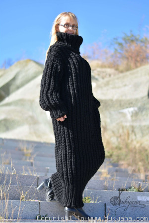 Hand knitted chunky merino blend long T-neck sweater dress in black