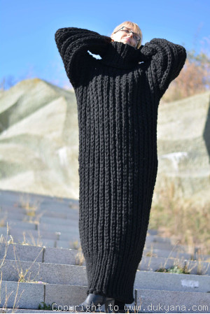 Hand knitted chunky merino blend long T-neck sweater dress in black