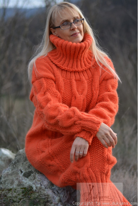 Handknit chunky and long wool dress with turtleneck in orange/D91
