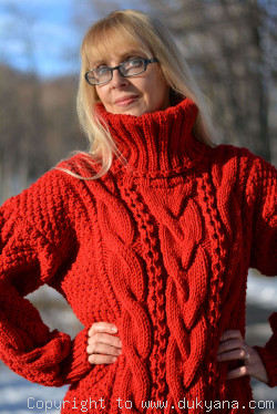 Hand knitted merino blend T-neck cabled wool sweater in red