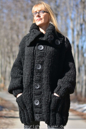 Hand knit mens chunky wool blend collared cardigan in black