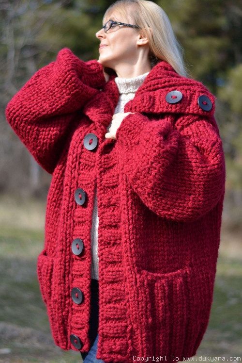 Hand knit mens chunky wool blend collared cardigan in true red