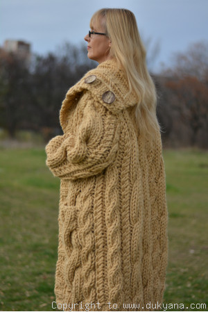Pure wool chunky cabled unisex collared cardigan in camel beige