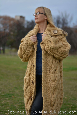 Pure wool chunky cabled unisex collared cardigan in camel beige