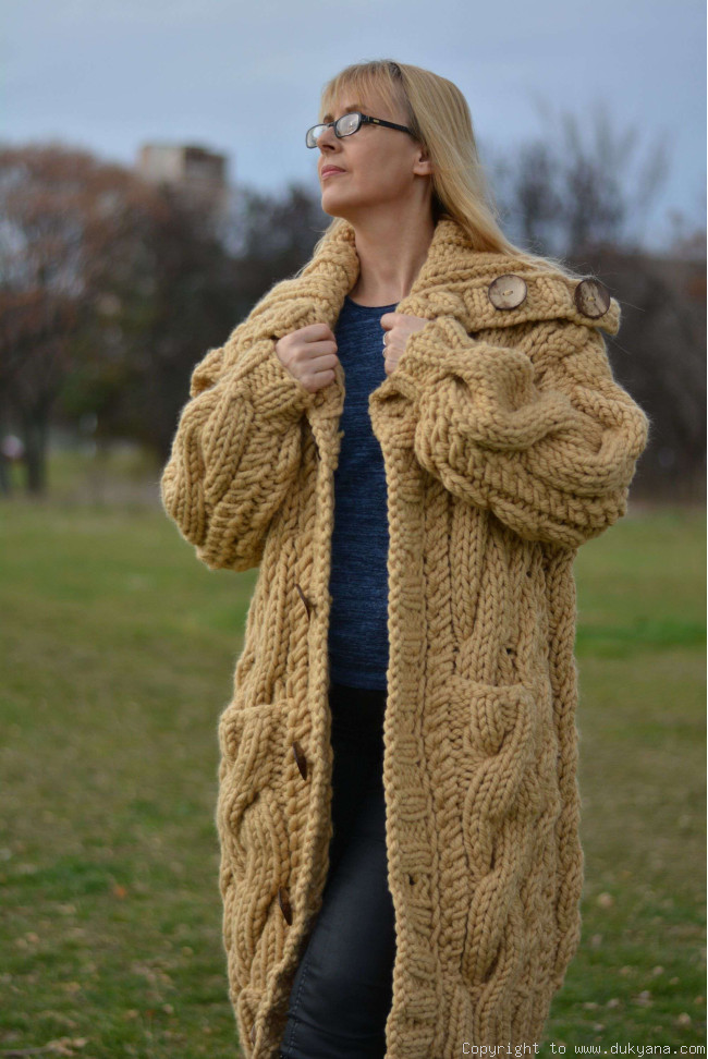 Pure wool chunky cabled unisex hooded cardigan in camel beige/CAM39