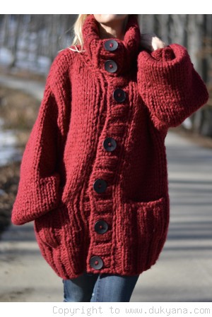 Hand knit mens chunky wool blend collared cardigan in true red