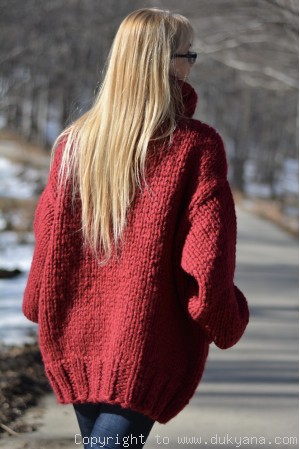 Hand knit mens chunky wool blend collared cardigan in true red