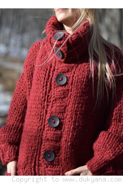 Hand knit mens chunky wool blend collared cardigan in true red