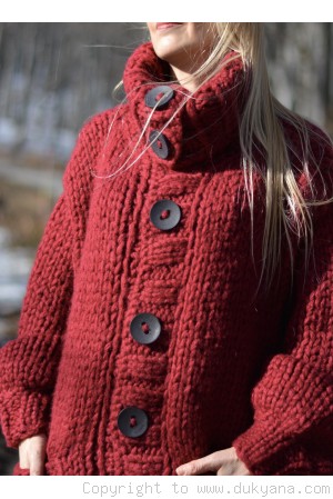 Hand knit mens chunky wool blend collared cardigan in true red