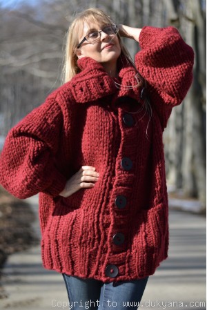 Hand knit mens chunky wool blend collared cardigan in true red