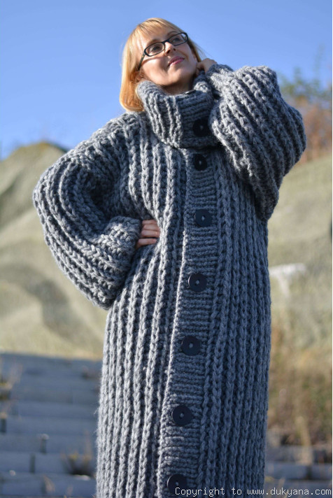 Handknit long chunky wool blend T-neck mens cardigan/CAM40