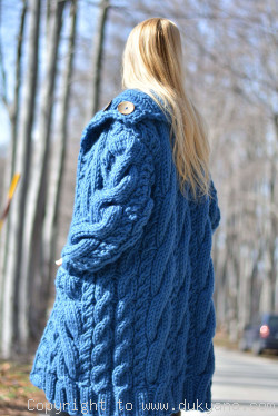 Pure wool chunky cabled unisex collared cardigan in cerulean blue