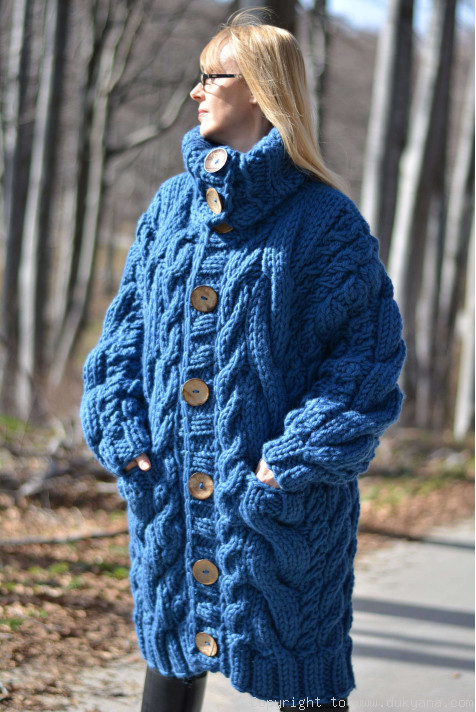Pure wool chunky cabled unisex hooded cardigan in BLUE/CAM42