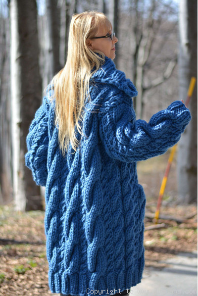 Pure wool chunky cabled unisex collared cardigan in cerulean blue