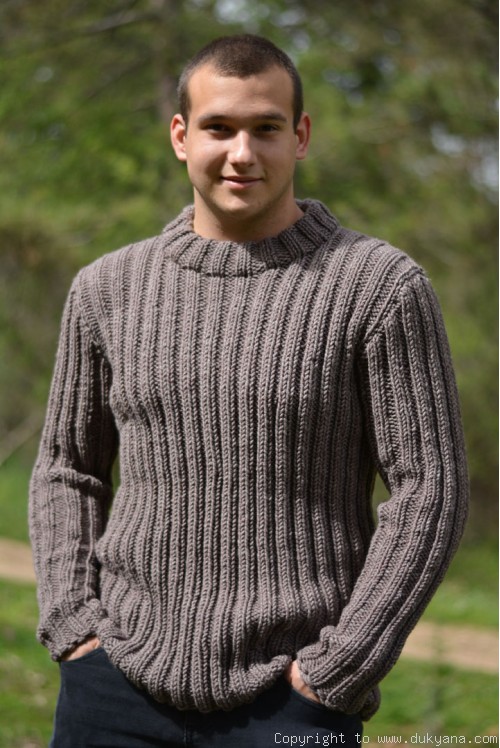 Mens crewneck wool sweater-ribbed and in earthly brown