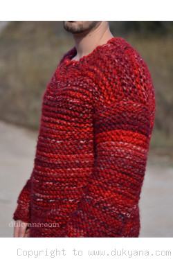 Mens wool sweater handknit with soft merino in red mix