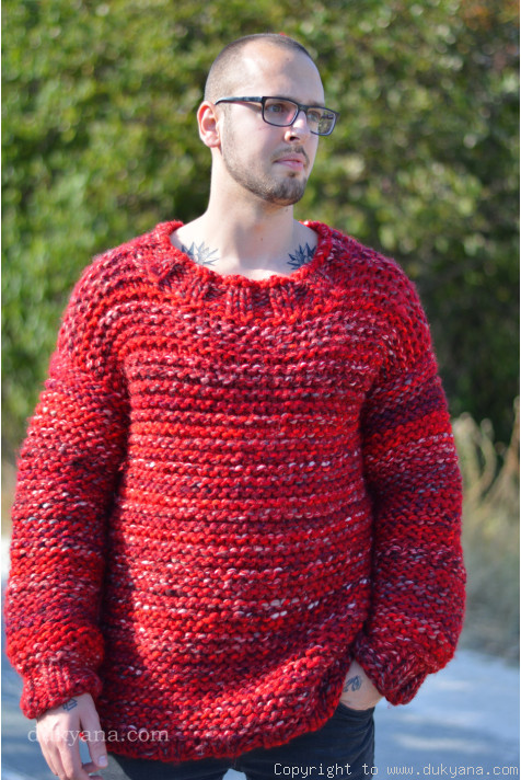 Mens wool sweater handknit with soft merino in red mix/CRM7