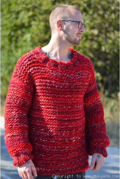 Mens wool sweater handknit with soft merino in red mix