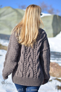 Hand knitted soft merino wool blend cabled T-neck sweater in beige