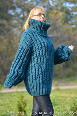 Hand knitted soft merino blend chunky Tneck sweater mens in teal