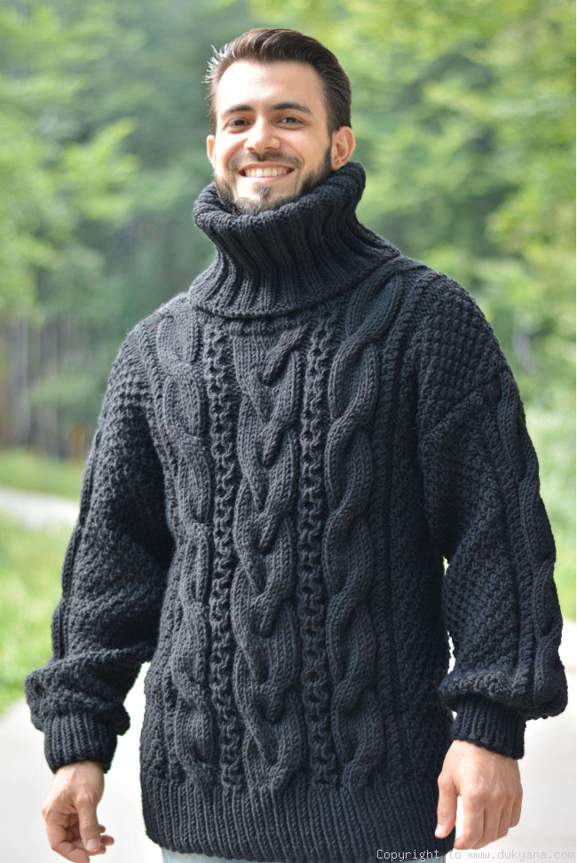 Hand knitted merino blend T-neck cabled wool sweater in black/TM21