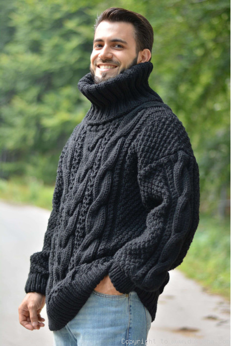 Hand knitted merino blend T-neck cabled wool sweater in black/TM21