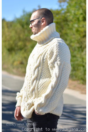 Hand knitted merino blend T-neck cabled wool sweater in Ivory