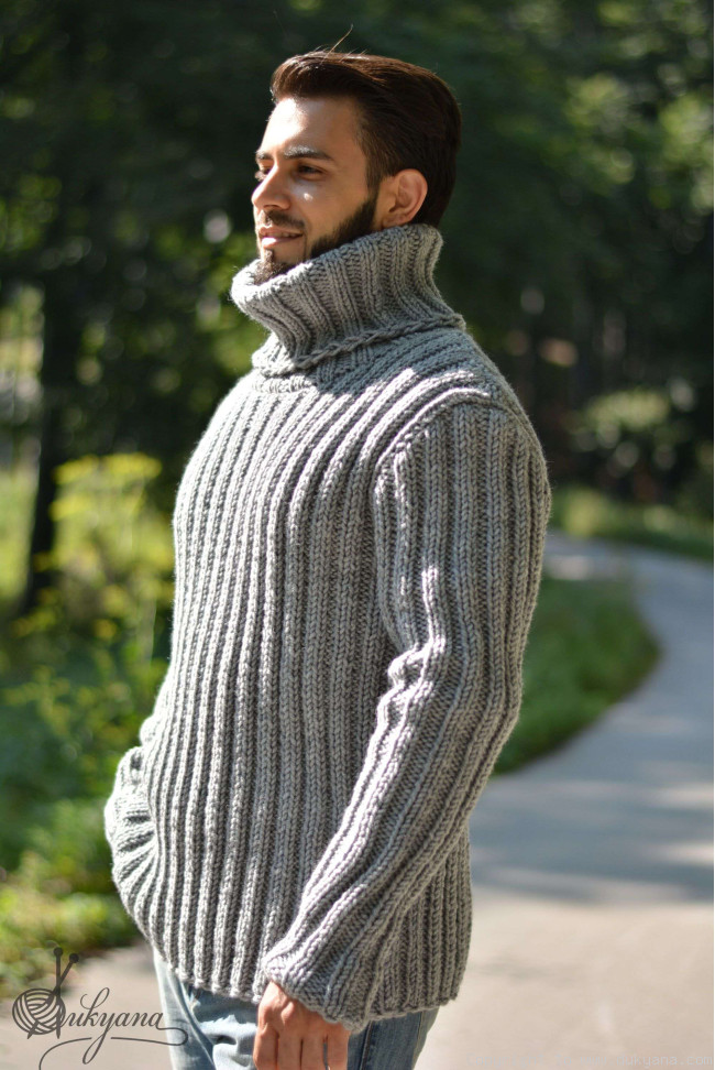 Merino blend mens T-neck ribbed sweater in gray/TM41