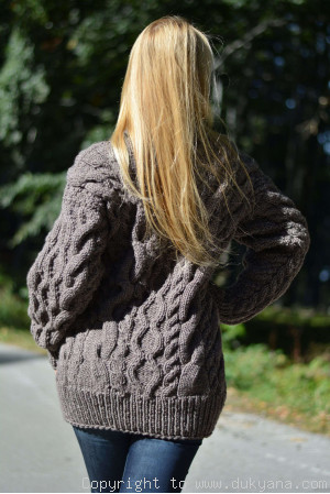 Hand knitted wool blend cabled T-neck mens sweater in beige
