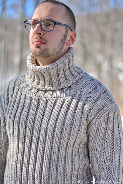 Knitted wool sweater mens T-neck ribbed pullover in oatmeal/TM54