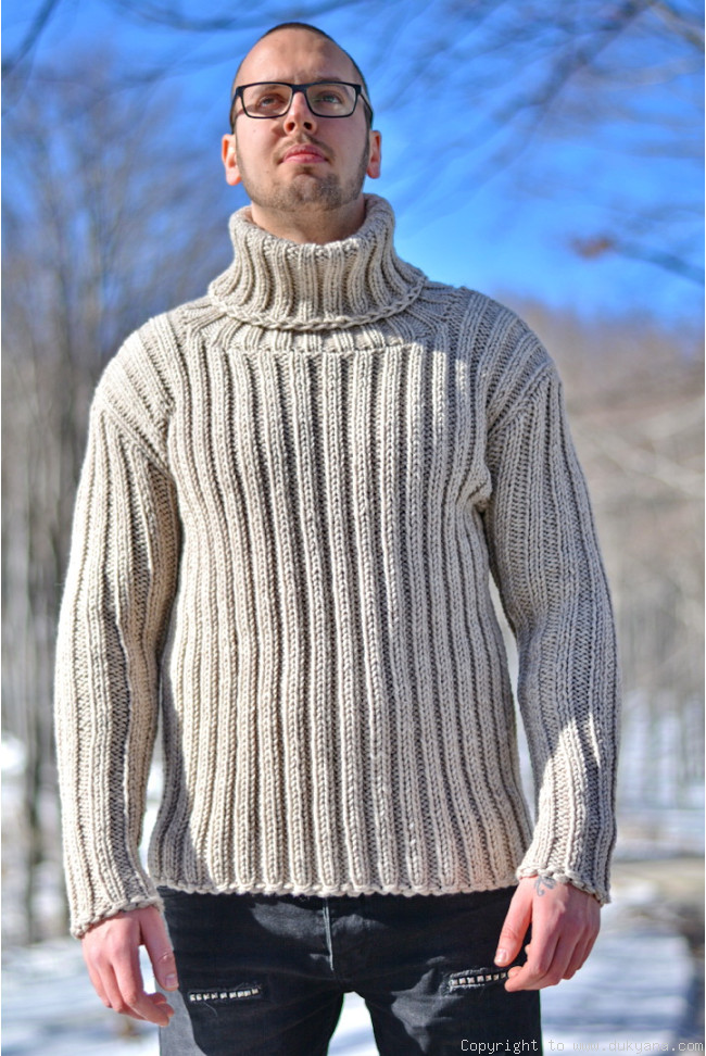 Knitted wool sweater mens T-neck ribbed pullover in oatmeal/TM54