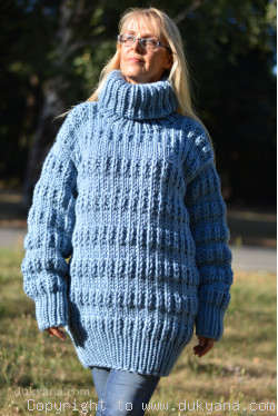 Knitted mens wool sweater in denim blue