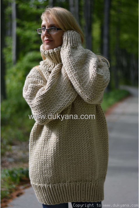Hand knitted soft merino wool blend cabled T-neck sweater in beige/TM26