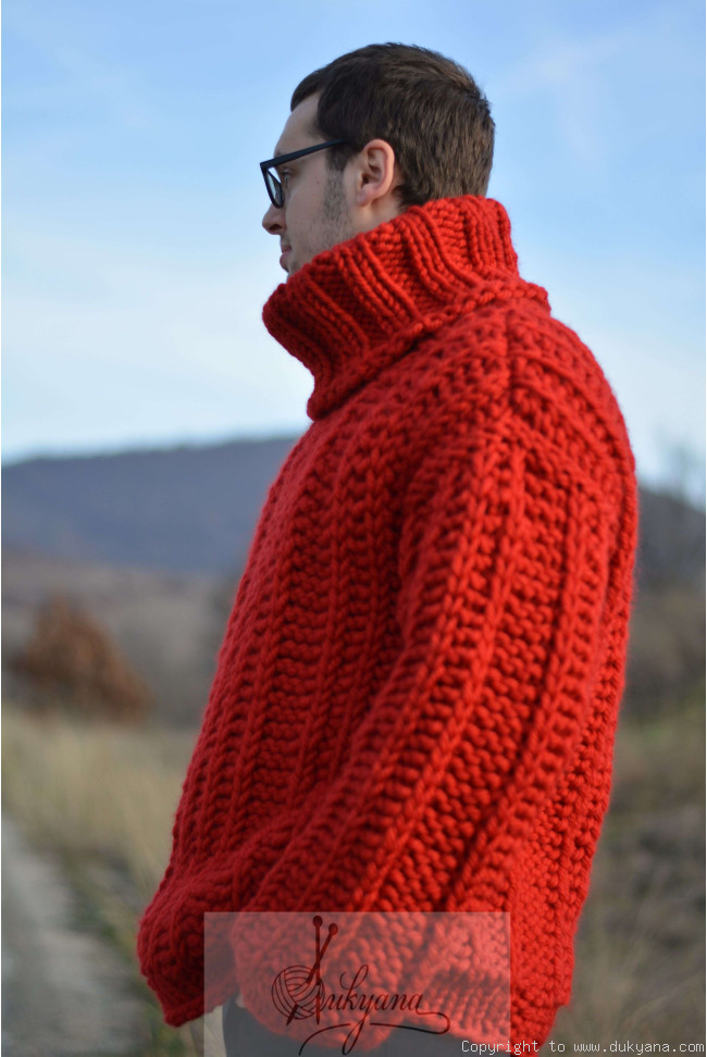 Handknit pure wool mens sweater in true red/TM82